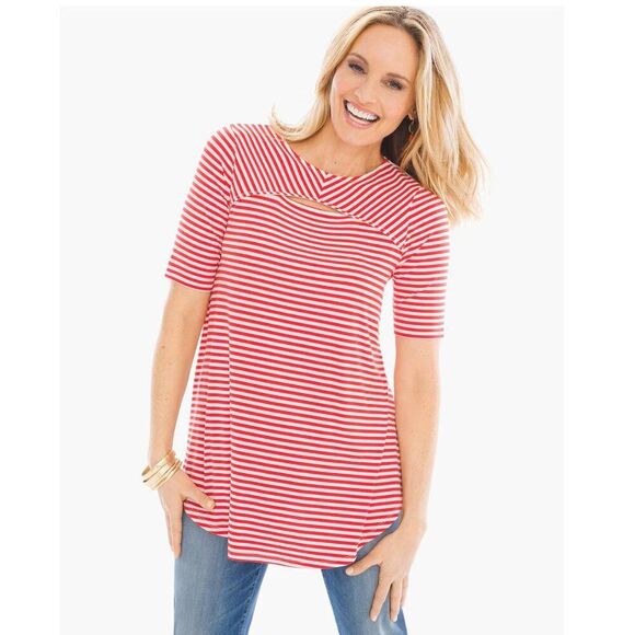 Chico's Tunic Size 1 (8)  Isla Peek A Bo Red Stripe NWOT - Picture 1 of 14